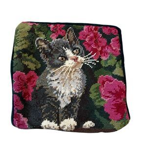 VTG Handmade Cat Tapestry Needlepoint Pillow Case Cover Kitten Wool Green Velvet